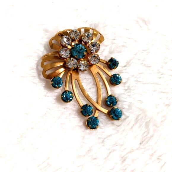 Vintage 50's Teal Blue & Clear Rhinestone Floral Spray Brooche - Picture 8 of 10